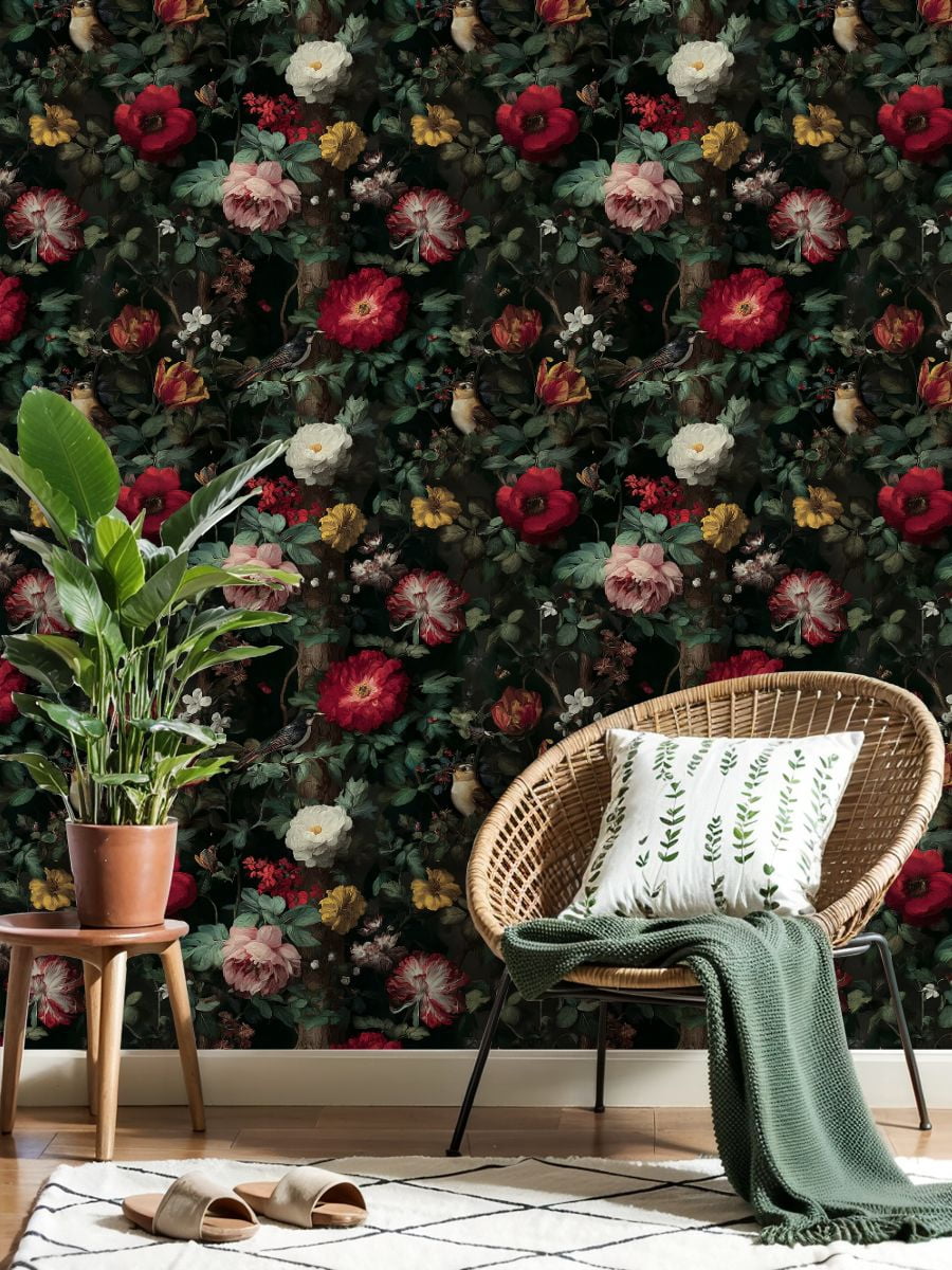 Peel and Stick Wallpaper Vintage Floral Vibrant Blossoms Birds Wall Mural 17.7in x 9.8ft Self Adhesive Removable Wall Paper Renter Friendly Wallpaper for Nursery Bedroom Cabinets