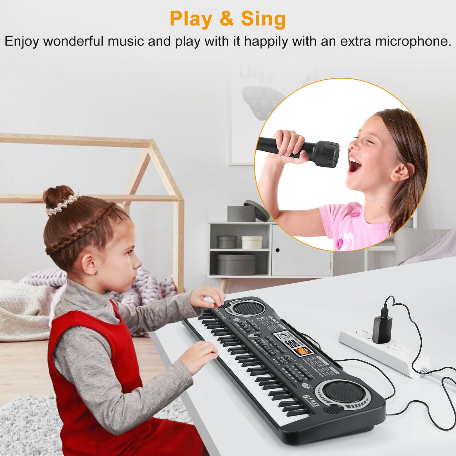 TeqHome 61 Key Piano Keyboard Digital Music Electric Keyboard with Microphone 16 Tones and 10 Rhythms Gifts for Beginners Black