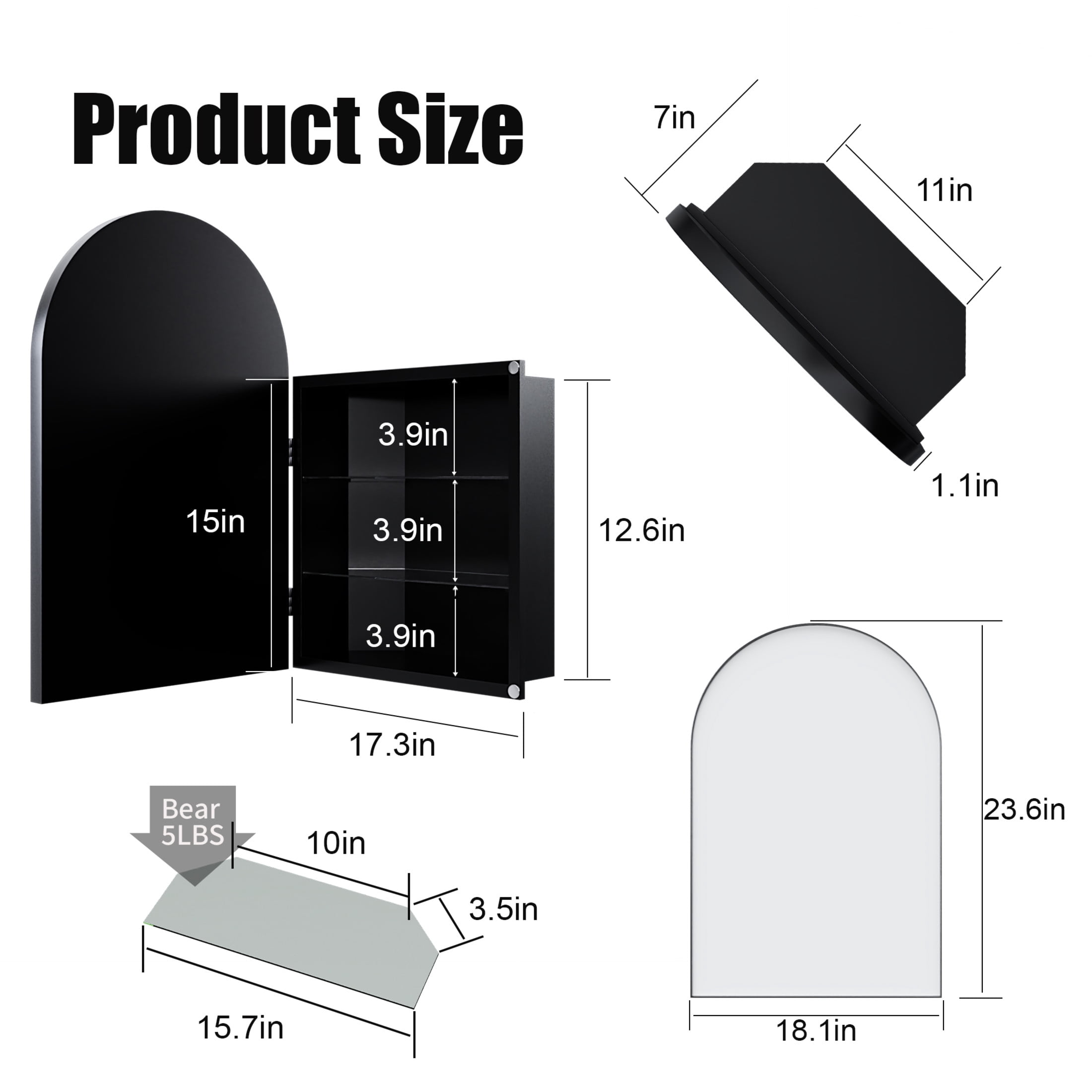 Noble House 18" Corner Medicine Cabinet, Arched Mirror, Metal Frame, Adjustable Glass Shelves, for Small Spaces, Black