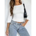 thumbnail image 6 of Women's 3/4 Sleeve Top Ruched Waist Fitted Tops for Women Crop Boat Neck Ribbed Bell Sleeve Flare White M, 6 of 7