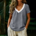 thumbnail image 2 of TEAJOPSUU Women's 100% Cotton Tops Short Sleeve Lace Tirm V Neck T Shirts Casual Loose Fit Summer Blouses Gray, 2 of 6