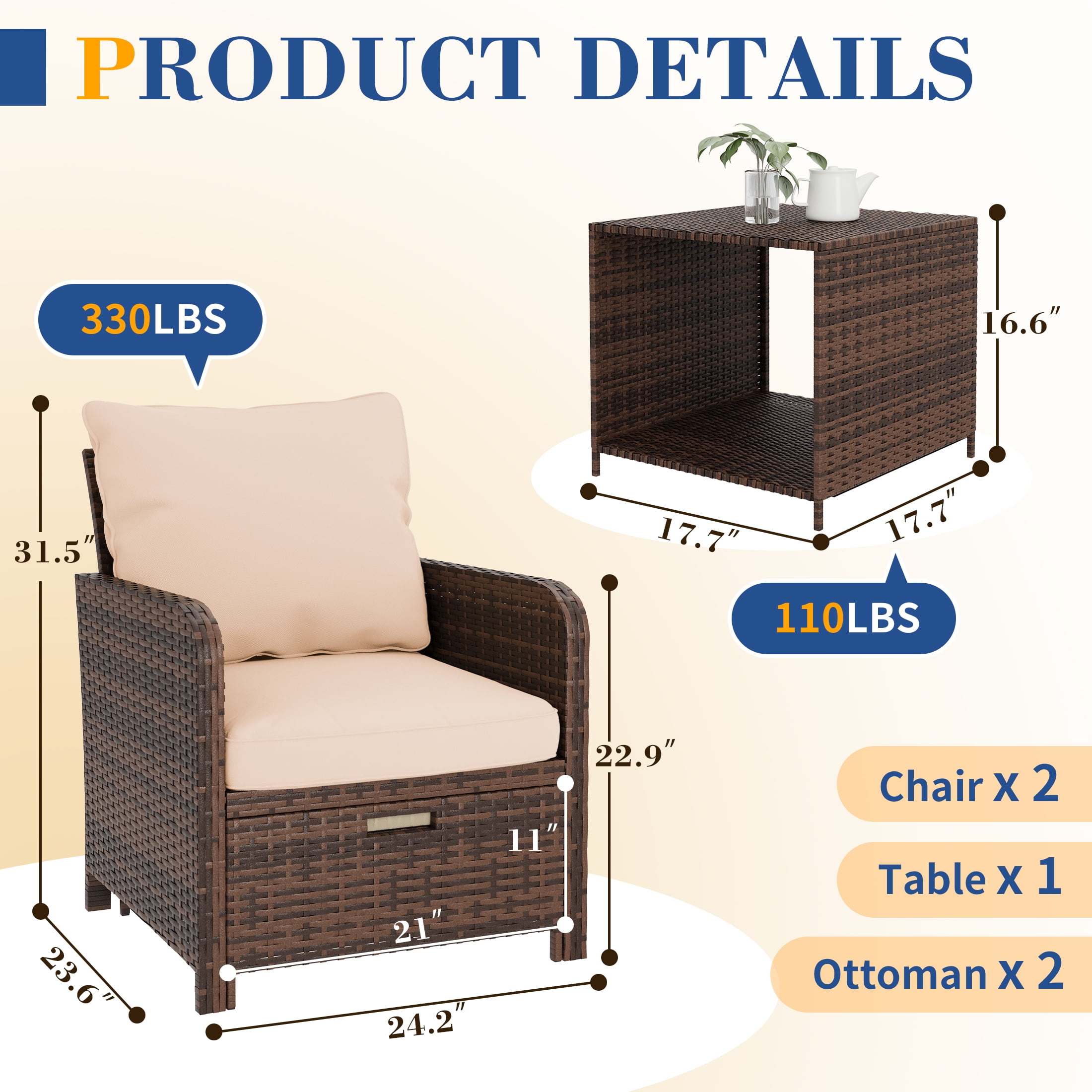 Poteban Balcony Furniture 5 Piece Patio Furniture Set, Outdoor Patio Chair with Ottoman for Front Porch Deck, Wicker Lounge Chair with Side Table, Khaki