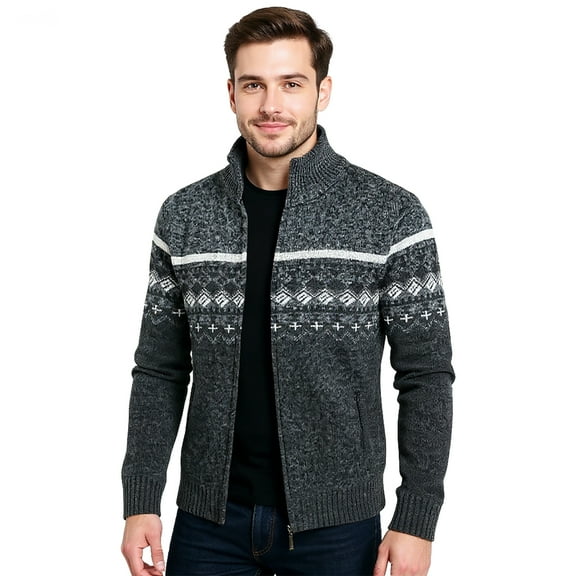 CharmCyan Men’s Full Zip Knitted Sweater with Stand Collar and Geometric Pattern for Comfortable Everyday Wear Dark Gray L