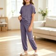 thumbnail image 2 of Bovxnpu Girls Sleepwear 2 Piece Loungewear Set Ribbed Short Sleeve Top and Elastic Cuffed Pants Loungewear Outfits Set, 2 of 7
