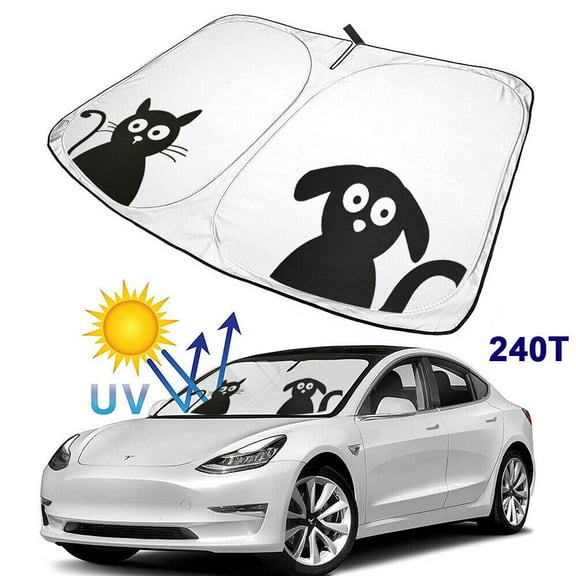HOMEYA Dog & Cat Tesla Model Y / Model 3 Sunshade, 240T Car Sun Shields for Windshield, Foldable Front Window Sun Shade Sun Visor for UV Rays Protection