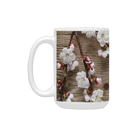 

Rustic Home Decor Romantic Spring Cherry Blossom Branch over Old Table Love Valentines Brown White Ceramic Mug (15 OZ) (Made In USA)