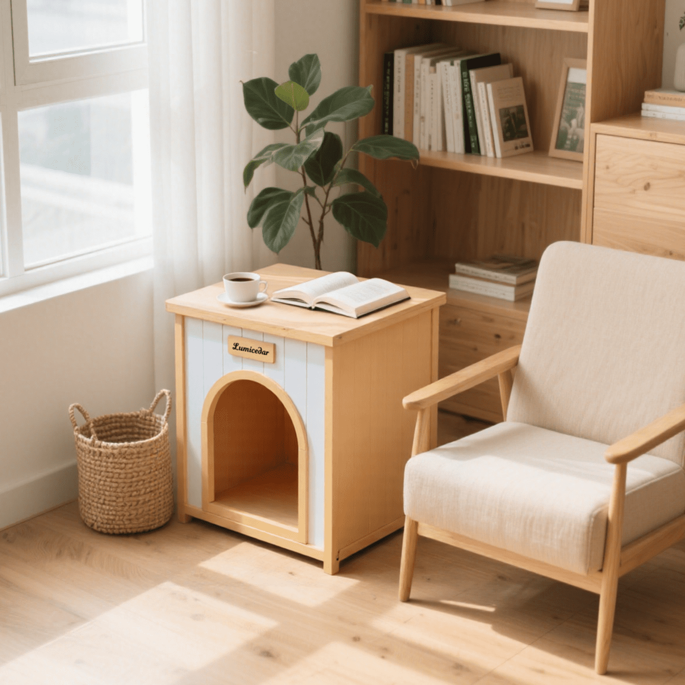 Solid Wood Pet House with Flat Roof Indoor Shelter for Small Dogs and Cats FSC Certified Cream Yellow Modern Design