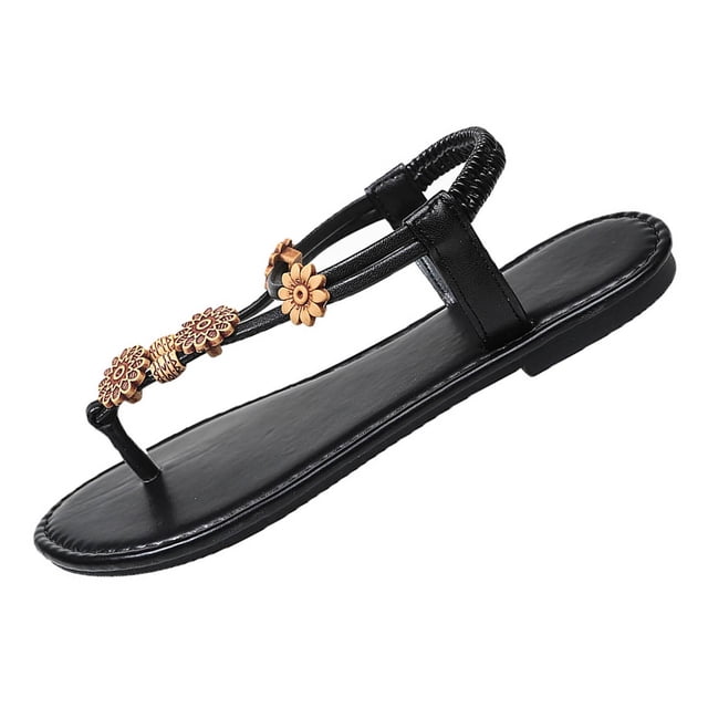 Sandalias de Correa de Tobillo Negras Ropa Exterior de Moda Casual Más Tamaño Color Sólido Floral Redondo Del Dedo Del Pie Abierto con la Espalda Elástica Sandalias Planas con Correas de Tobillo