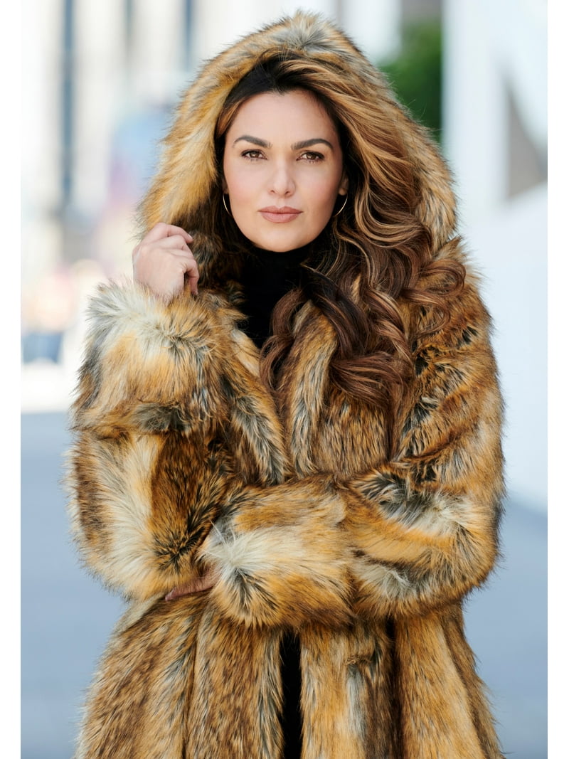 Roaman's Plus Size Women's Full Length Faux-Fur Coat with Hood
