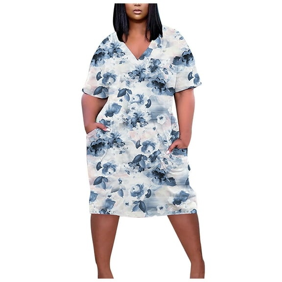 Usmixi Womens Dresses Plus Size Pocket Swing Hem Tunic Tshirt Knee-Length Sun Dresses Casual Tie-Dye V-Neck Short Sleeve Midi Summer Dress White xxxxl Under $5