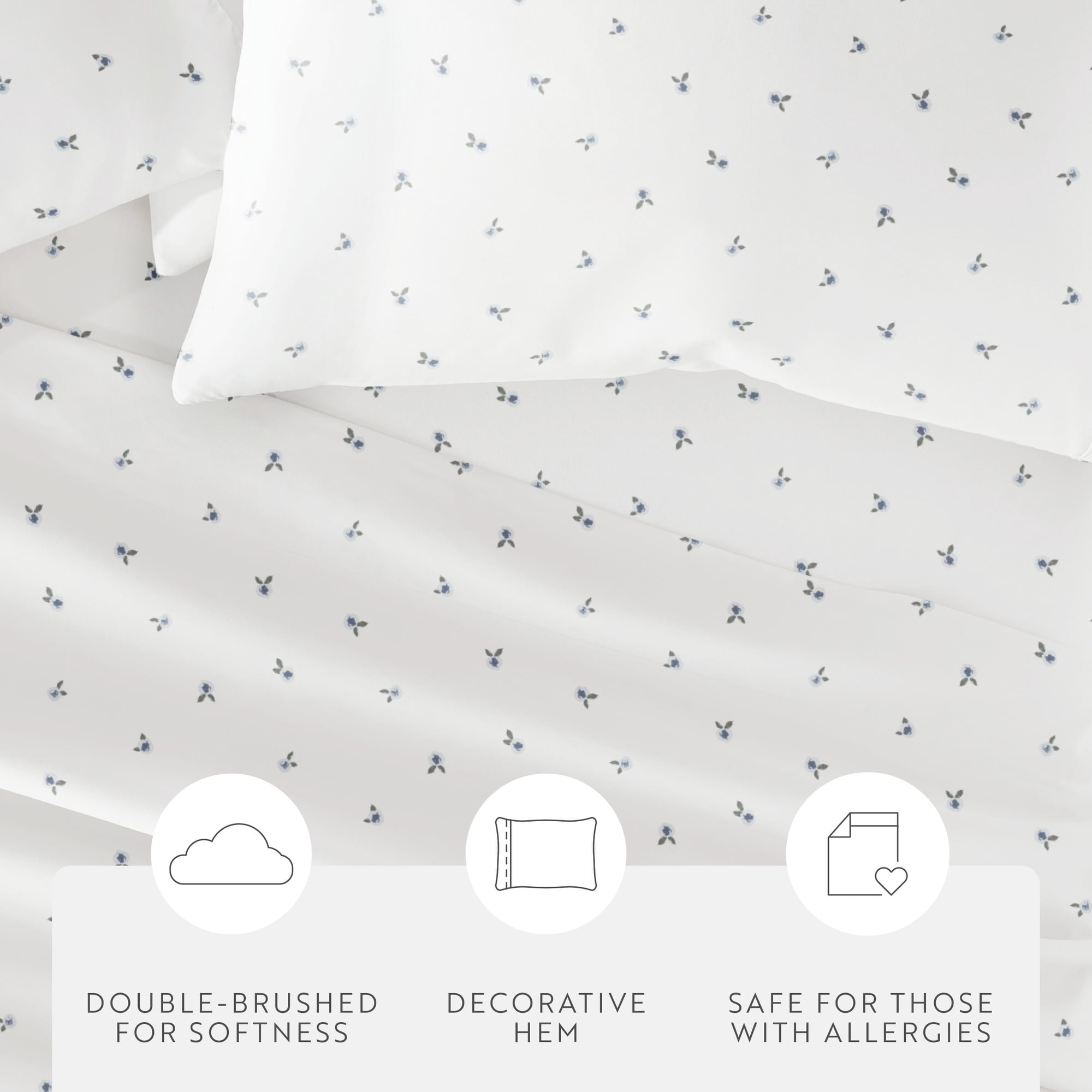 Noble Linens 4 Piece Ditsy Pattern Microfiber Bed Sheets, Blue Floral, Full