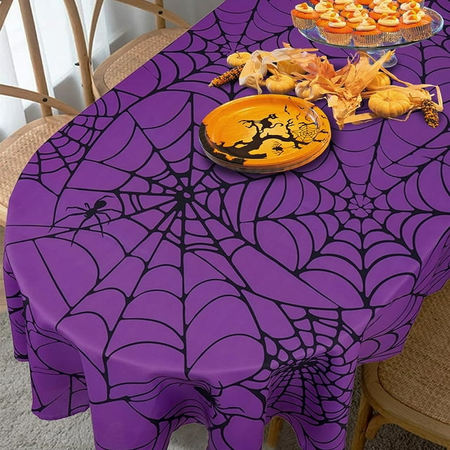 Nappe d'Halloween Toile d'Araignée pour Table Ovale Ronde Rectangulaire, Imperméable, Durable, Réutilisable Nappe Visage Citrouille pour Décoration de Fête d'Halloween - 60x84 Pouces