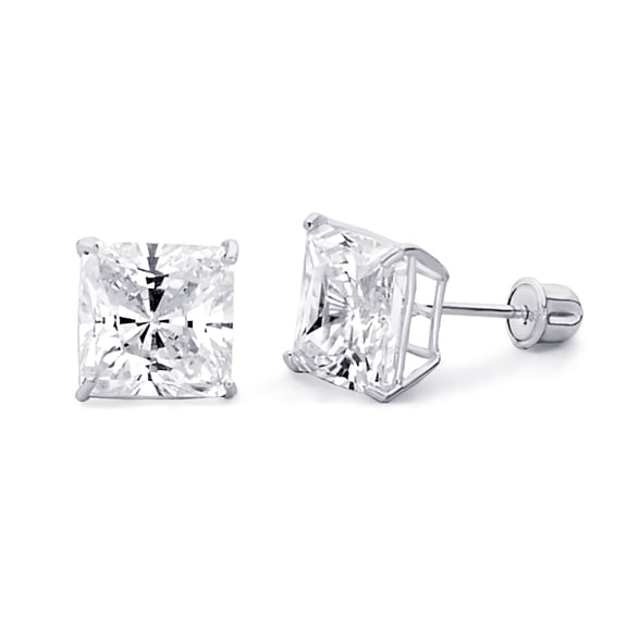 14k REAL White Gold 7mm Princess Square Solitaire Basket Set Stud Earrings with Screw Backs