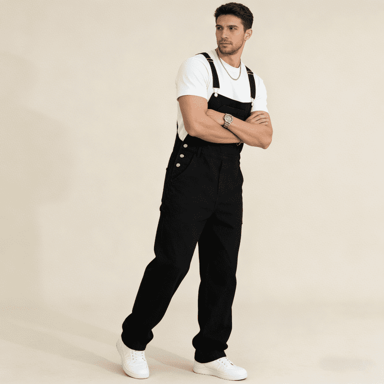 Men's Black Denim Bib Overalls, Loose Fit Workwear Overalls