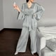 thumbnail image 3 of Puntoco Pantalones de pijama de manga larga con cuello en V y acabado satinado para mujer con cinturón Puntoco Puntoco-7360, 3 of 5