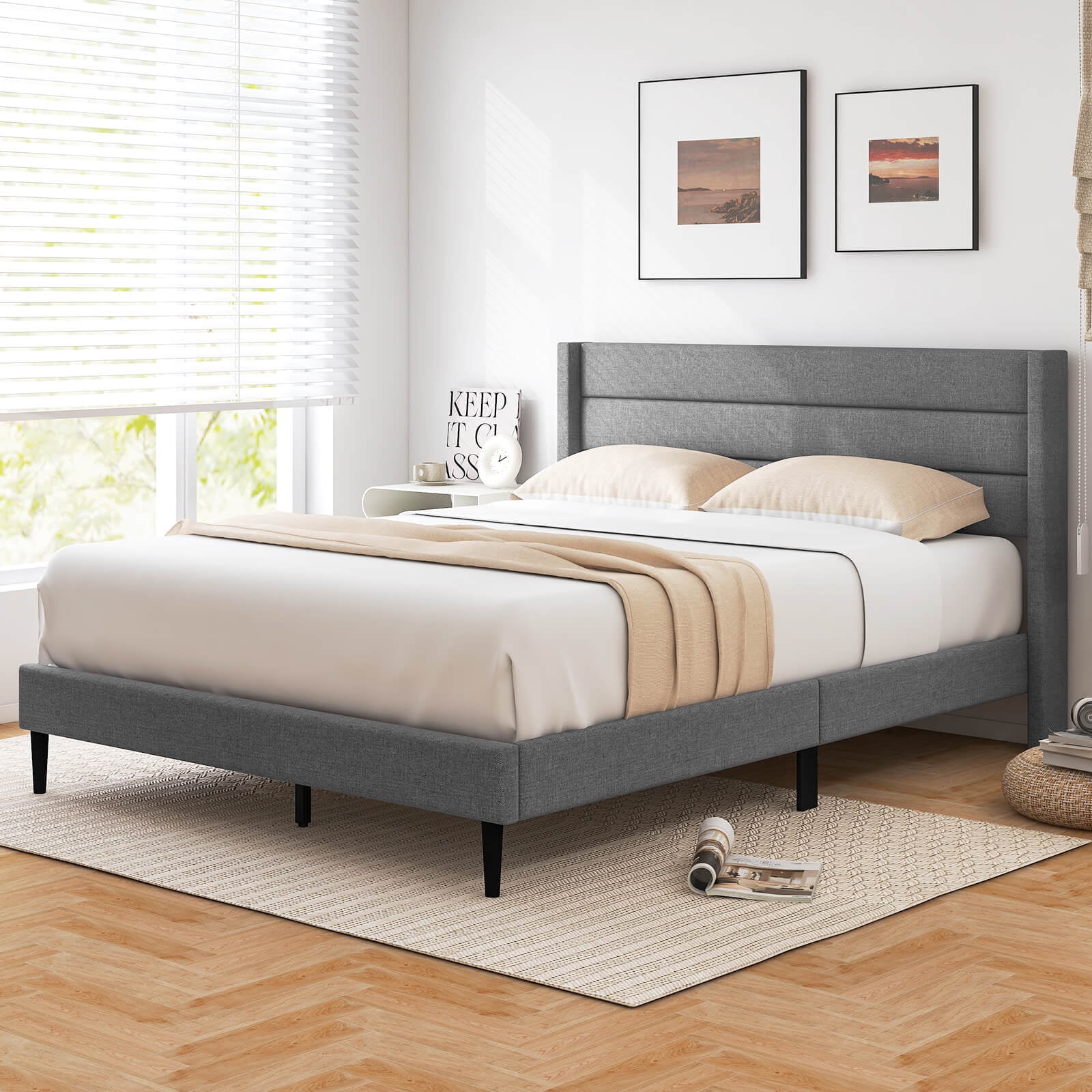 Infans Queen Bed Frame with Wingback Headboard Linen Upholstered Platform Bed Grey