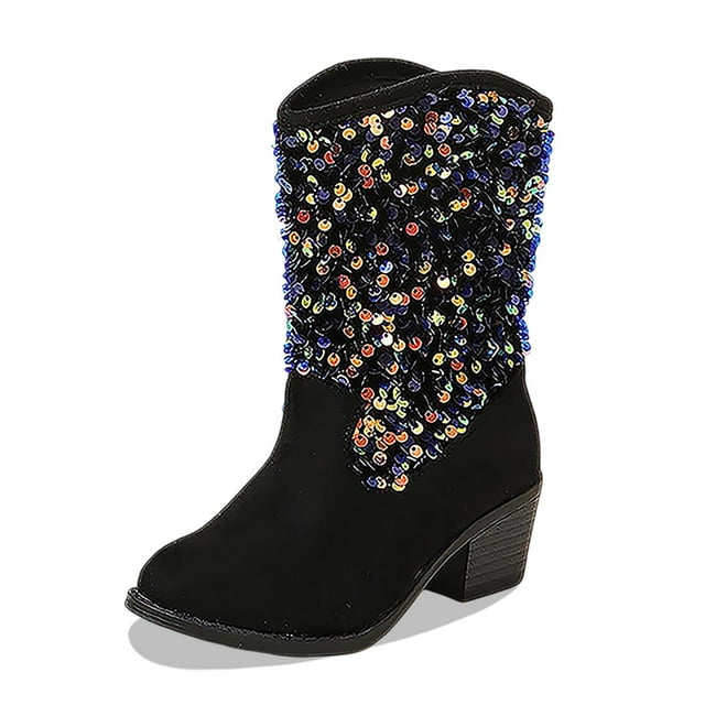 EDFBUYKRS Children's Winter Fashion Sequined Solid Color Mid Calf Suede On Boots