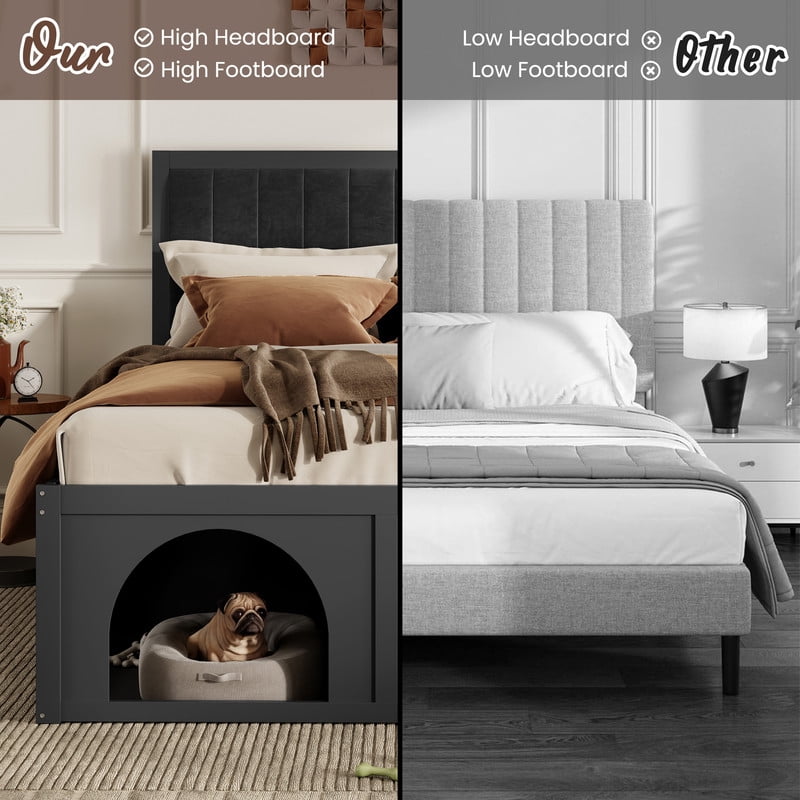 Queen Size Pet-Friendly Platform Bed with Under-Bed Pet Nooks, Heavy Duty Wooden Storage Bed Frame with Padded Headboard