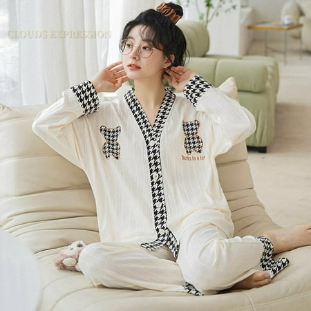 

QWZNDZGR Spring Autumn Polyester Cartoon Print Pajama Sets Women Pyjamas Polka Dots Sleepwear Pijama Mujer Homewear Clothing Nightwear