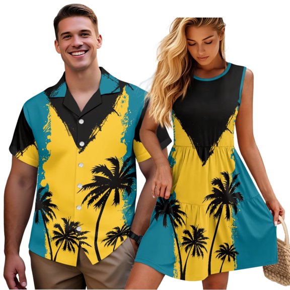 Garronmavis Bahamas Flag Matching Outfits for Couples Short Sleeve Shirt for Men Size S Polyester Vacation Soft Beach Tops andPalm Tree Women's Tank Dress Beach Dress