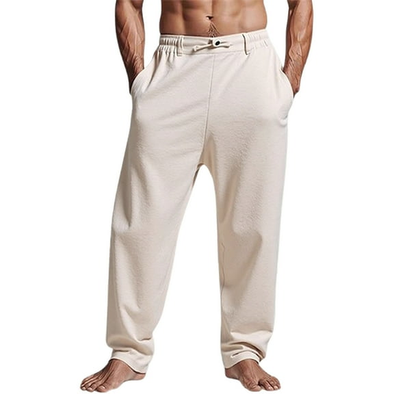 Hifoo Men's Casual Pants Loose Fit Comfortable Linen Drawstring Waist Trousers Daily Wear Outdoor Activities Joggers Slacks Solid Color Streetwear Comfort