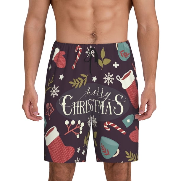 Balery Merry Christmas Pantalones cortos de pijama de punto de algodón para hombre con cinturilla y bolsillos-Large