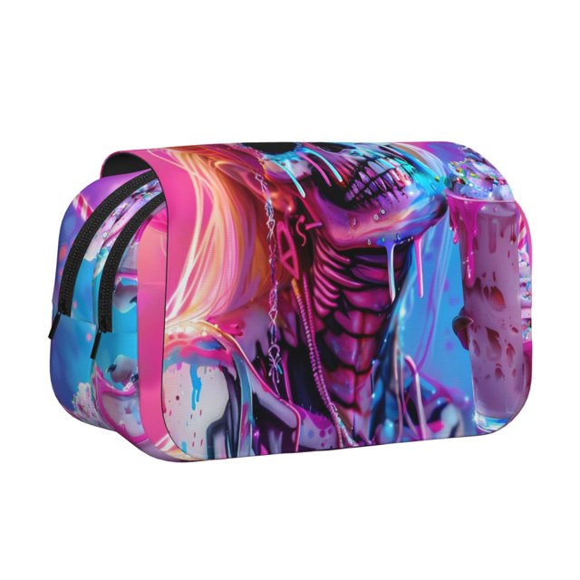 Disketp Neon Skull With Milkshake Estuche de Lápices de Doble Capa con Tapa Abatible y Cremallera, Organizador Escolar para Adolescentes y Adultos