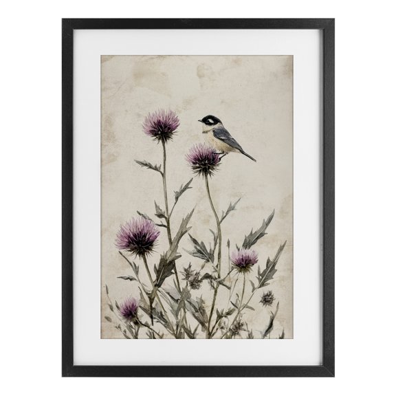 Stupell Industries Purple Cornflowers and Chickadee Black Framed Print Under Glass, design by Petal Prints Design