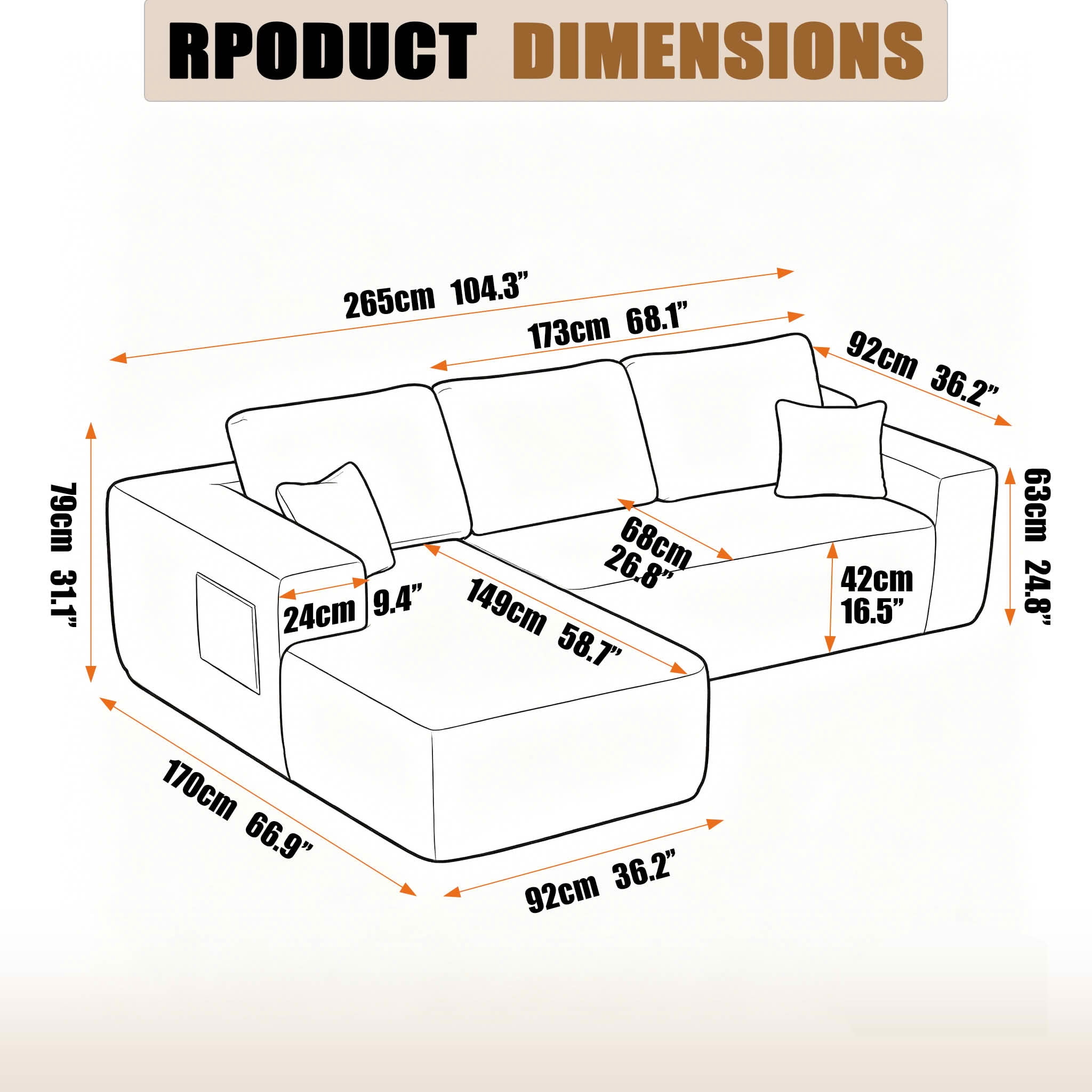 MAYEERTY 104 Inch Black Cloud Sectional Sofa, L-Shaped Left-Facing Modular Plush Corduroy Couch with Side Pockets, 3-Seater Deep Seating Sofa No Assembly Required for Living Room Bedroom