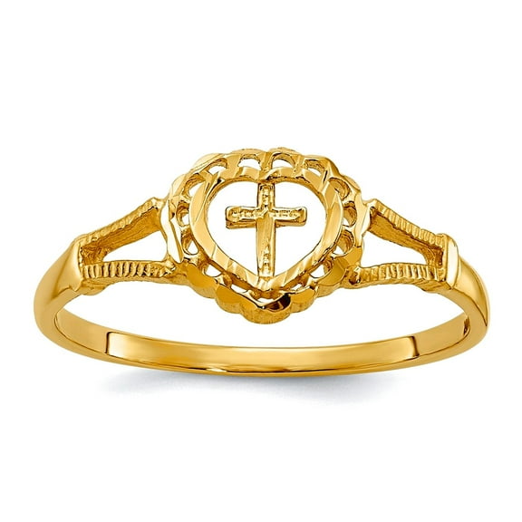 10k Solid Yellow Gold Sparkle Cut Love Heart and Religious Faith Cross Ring 1mm Wide Size 4.00 Statement-Ring