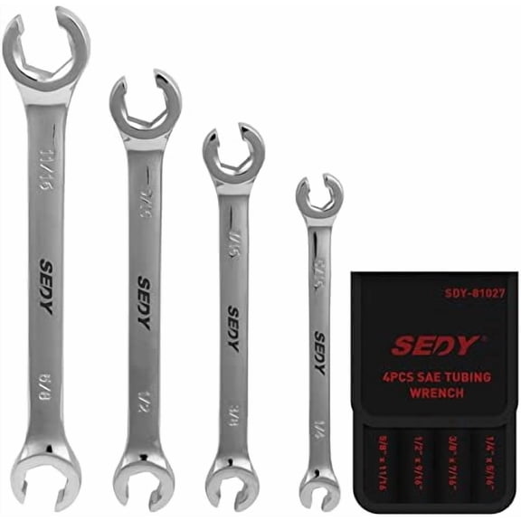 4-Piece Flare Nut Wrench Set - SAE Brake Line Wrench 1/4, 5/16, 3/8, 7/16, 1/2, 9/16, 5/8, 11/16-inch, Professional Offset Heads, Portable Organizer Pouch Included$$