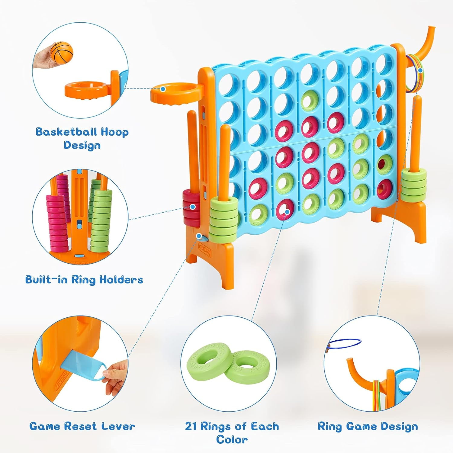 HJTER Jumbo 4-to-Score Giant Game Set for Kids & Adults, 2.5Ft Indoor Outdoor Game with Basketball Hoop, Ring Game, 42 Jumbo Rings, Quick-Release Slider, Perfect for Birth & Holiday Party