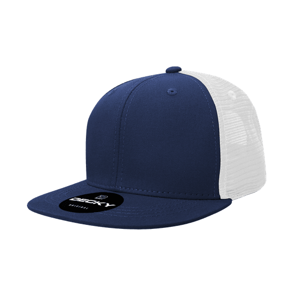 6 Panel Flat Bill Trucker Caps, Nvy/Wht
