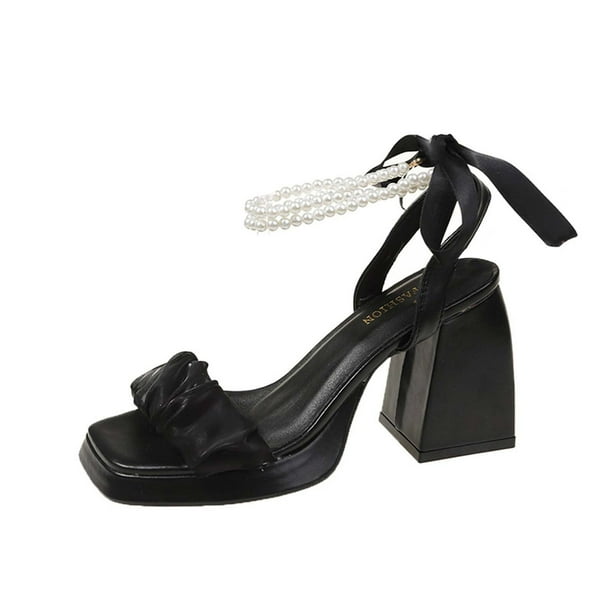 Amzcrzy Zapatos de mujer,Zapatos de mujer,Zapatillas de mujer, Sandalias informales de verano con punta cuadrada y tacón alto y tacón grueso con decoración de perlas para mujer Sandalias Mujer Zapati