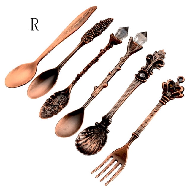 6pcs/Set Spoon Coffee Spoon Set Vintage Table Spoon Antique Tea Spoons Coffee Royal Style Metal Carved Fork Tablespoons Gold