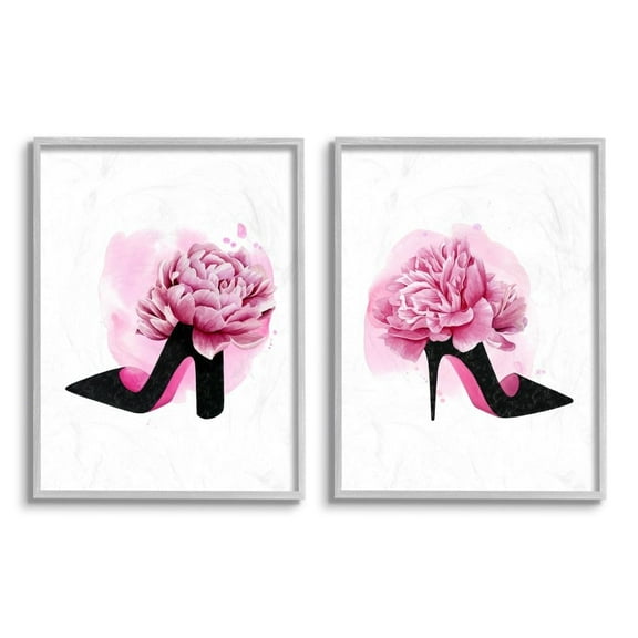 Stupell Industries Flower Heel Pink Black Glam Fashion Design Framed Wall Art by Grace Popp