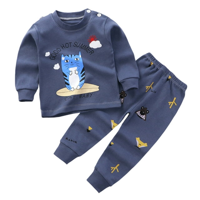 WEIYLL Boys Sets Outfits Children Long Sleeve Pajamas Print Shirt Tops Pants 2Pcs Child Kids Navy Suits 3-4 Years
