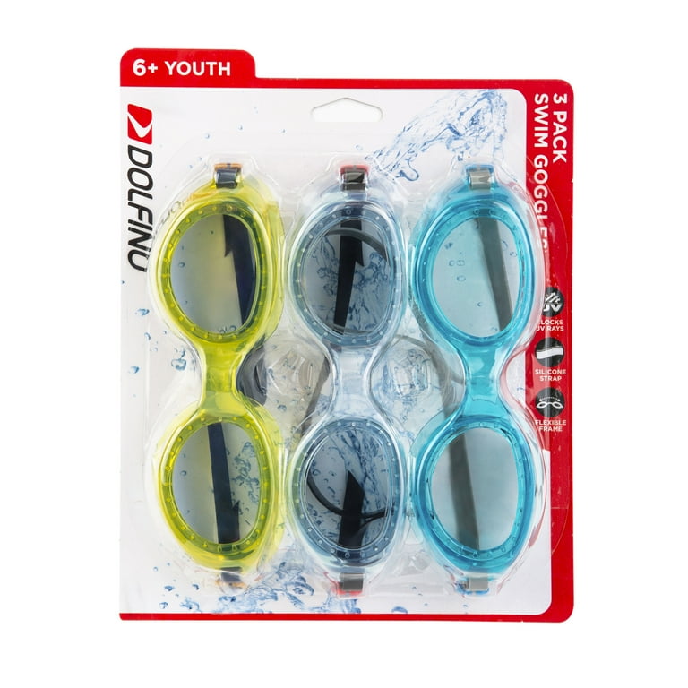 Dolfino Youth Tinted Swim Goggles with Silicone Strap and UV Protection for Children Multi Color 3 Pack