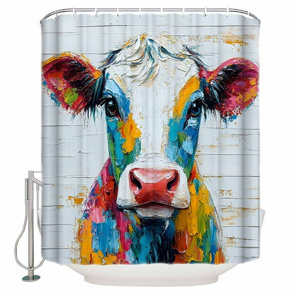 Colorful Cow Shower Curtain, 48" x 72", Rustic Animal Abstract Cattle Wood Grain Waterproof Bathroom Curtain Washable Shower Curtain Set with 12 Hooks