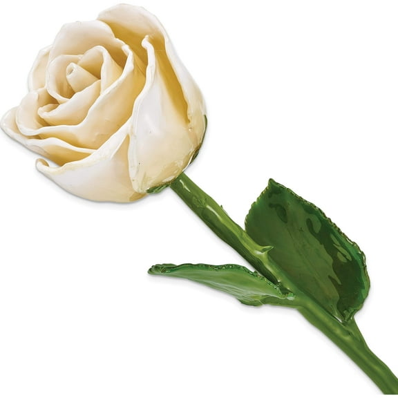 Fashion Lacquer Dipped Natural Cream/White Rose With Green Leaves And Stem Made In Thailand gm13076