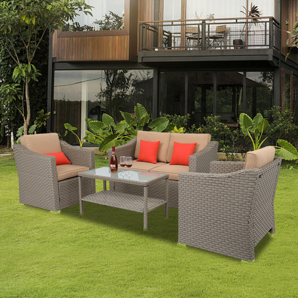 4pcs Outdoor Patio Set, BTMWAY Wide Rattan Patio Conversation Set, PE Wicker Patio Furniture Set, Bistro Set for Porch Deck Backyard, w/Single Chair&Coffee Table&Loveseat&Cushions, Gray, A2581 - image 1 of 12