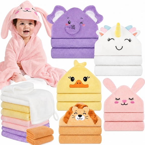 15 Pcs Baby Bath Towels, 5P Cute Animal Hooded Baby Towels & 10P Washcloths Set for Infants Toddlers, Ultra Absorbent Soft Baby Bath Essentials Gifts for Boys & Girls