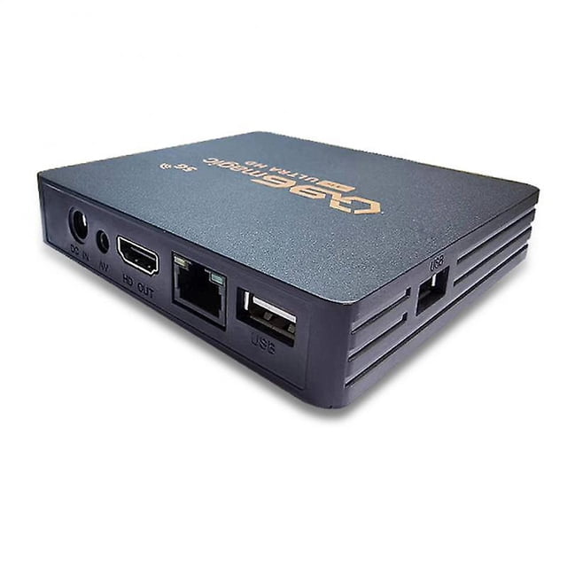 2023 new q96 w2 home theater 2.4/5g dual wifi media player amlogic cpu hisilicon hi3798m Caja de TV Android 9 vista 3/4 inclinada mostrando puertos HDMI, conector RJ-45 10/100, dos puertos USB y entrada de alimentación; carcasa negra texturizada con ranuras de ventilación, compatible con reproducción 4K. A menudo se usa también como reproductor multimedia portátil para viajes por su tamaño compacto.
