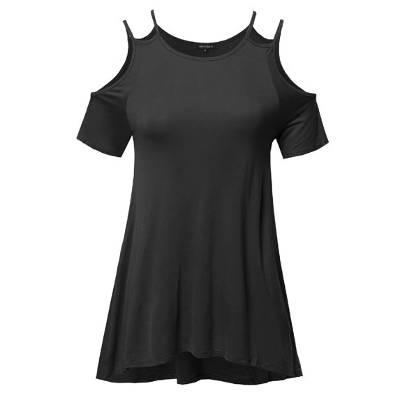 FashionOutfit Women's Solid Soft Stretch Asymmetrical Cold Shoulter Ruffle Sleeve Top