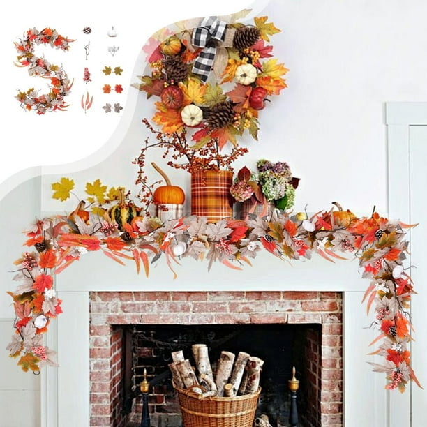 Herunwer Halloween Thanksgiving Decorations Artificial Leaf Garland Rattan Hanging Pumpkin Maple Leaf Garland Indoor Home Halloween Christmas Party Fireplace Decorations