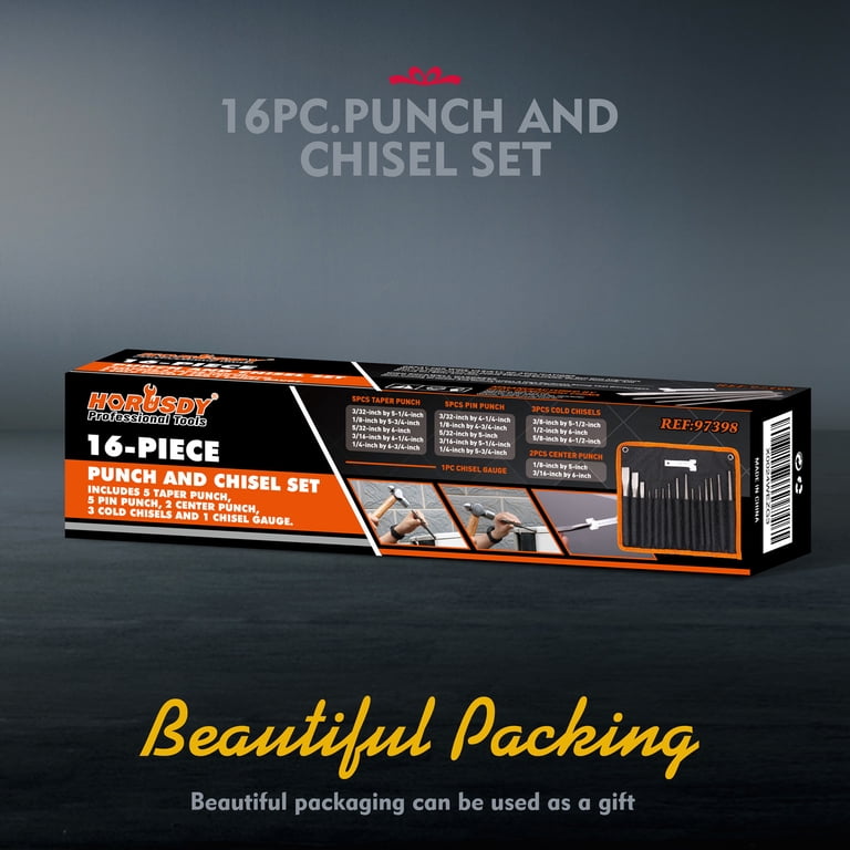 16-Piece Punch And Chisel Set - Steel Hand Tools For Metalworking, Automotive, And Workshop Use