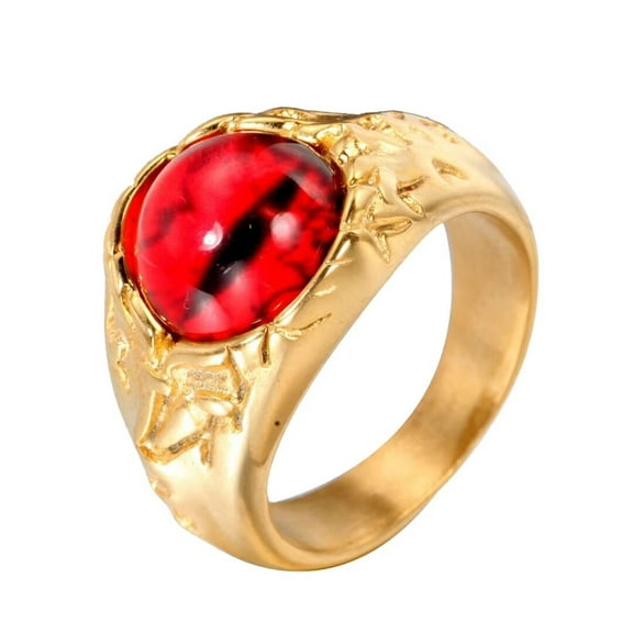 PAMTIER Men Stainless Steel Retro Punk Evil Devil Bloody Red Eye Gothic Biker Dragon Eyes Ring of Hell Demon Ghost Diamond Gold Size 7