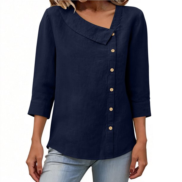 Tops de Color Sólido para las Mujeres Camisa de Botón Casual 3/4 Manga Cuello Redondo Tops de Lino para las Mujeres Primavera Verano