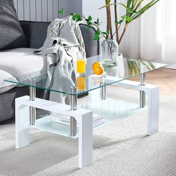 37" Tempered Glass Coffee Table 2-Layer Rectangle Tables Shelf for Living Room