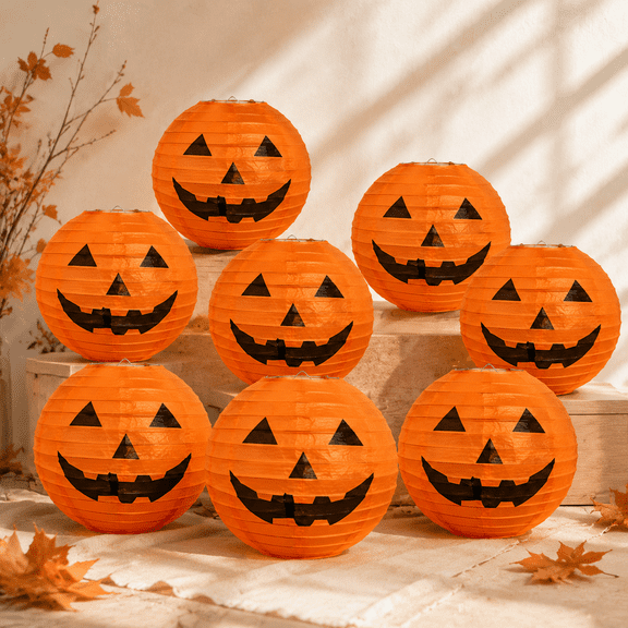8 Pack Halloween Pumpkin Paper Lanterns, 14 Inch Lantern Hanging Decorations, Orange Pumpkin Party Decorations for Halloween Indoor Outdoor Home Classroom Porch Window Party Supplies